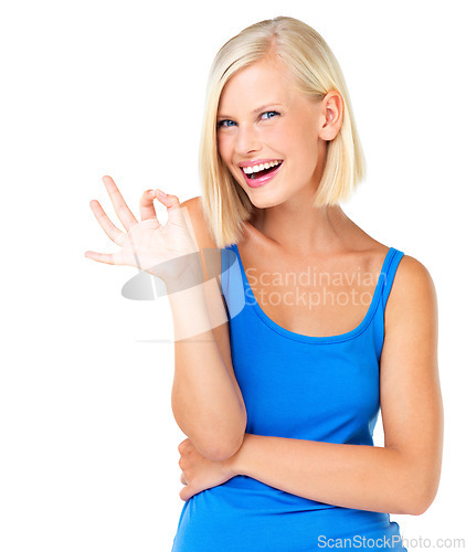 Image of Woman, portrait smile and hands in OK sign for approval, satisfaction or perfection isolated against a white studio background. Happy female smiling and showing hand gesture for perfect or precision