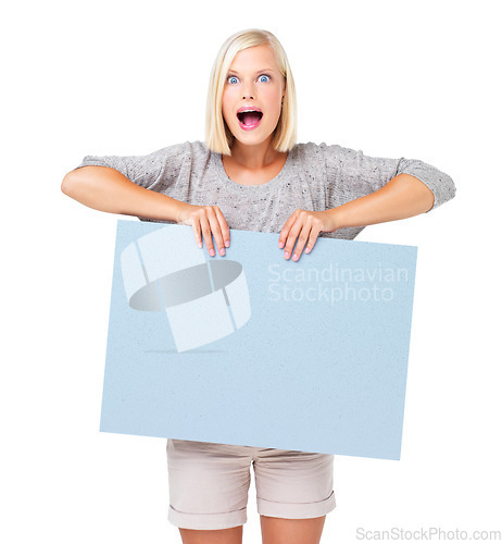 Image of Mockup, shock and surprise on woman with a poster advertising, marketing and billboard for sale, deal or giveaway. Portrait, blonde and female showing brand on a board isolated in a white studio