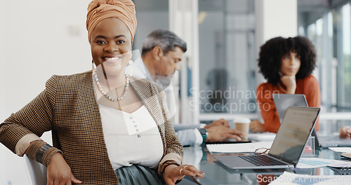 Image of Face, business and black woman in meeting, brainstorming and planning in office. Team, staff and female leader with smile, conversation and share idea for innovation, corporate goal or company target