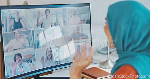 Image of Corporate muslim woman, wave and video call with computer, smile and online communication in office. Islamic crm expert, pc and waves with happiness for meeting on app, internet and focus in Beirut