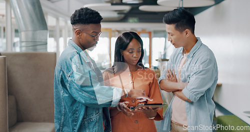 Image of Tablet, planning and meeting with a business team talking about future growth or development at work. Strategy, communication and teamwork with a man and woman employee group in discussion or working