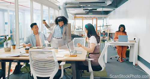 Image of Corporate black woman, dancing and headphones in startup office, smile and coffee on lunch. Woman, dance and happy in workplace with music, streaming and coffee cup for happiness, freedom and relax