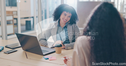 Image of Business women in meeting, communication and partnership for project management with brainstorming plan in workplace. Planning, strategy and agreement, team and conversation in office with laptop.