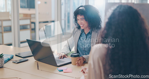 Image of Business women in meeting, communication and partnership for project management with brainstorming plan in workplace. Planning, strategy and agreement, team and conversation in office with laptop.