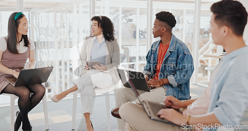 Image of Meeting, planning and collaboration with a business team in the boardroom for research or innovation. Laptop, strategy and teamwork with a man and woman employee group at work together in the office