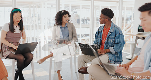 Image of Meeting, planning and collaboration with a business team in the boardroom for research or innovation. Laptop, strategy and teamwork with a man and woman employee group at work together in the office