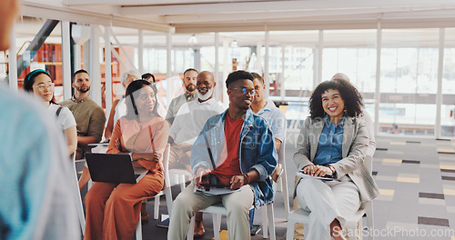 Image of Business people, mentor and applause for presentation, coaching or corporate training in workshop seminar. Group of creative employee designers clapping for speaker, meeting or startup at the office