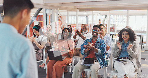 Image of Business people, mentor and applause for presentation, coaching or corporate training in workshop seminar. Group of creative employee designers clapping for speaker, meeting or startup at the office