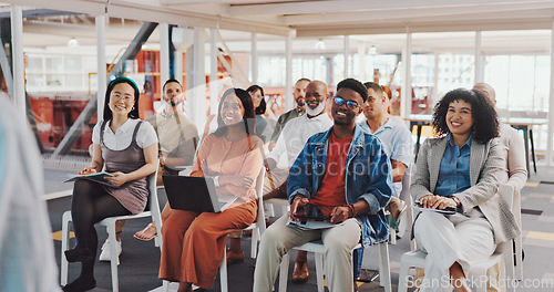 Image of Business people, mentor and applause for presentation, coaching or corporate training in workshop seminar. Group of creative employee designers clapping for speaker, meeting or startup at the office