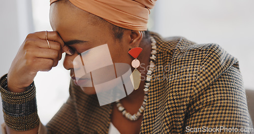 Image of Call center woman, sleeping and office with headache, tired and frustrated for customer service job. Black woman, crm expert and customer support consultant with burnout, sleep and stress at table