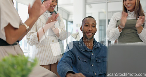 Image of Success, applause and black man with proposal in office at startup business with proud team. Congratulations, cheering and support for winner target achievement with employees clapping hands at desk.