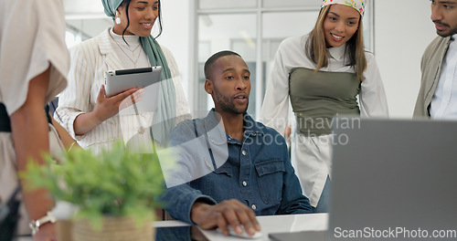 Image of Coaching, collaboration and training, team at laptop in discussion on project management with manager. Leadership, planning and brainstorming, woman mentor teaching business staff at creative office.