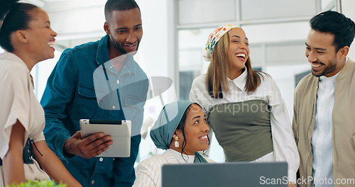 Image of Success, applause and woman with feedback in office at startup business with proud team. Congratulations, cheering and support for winner target achievement with employees clapping hands at desk.