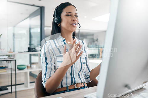 Image of Call center, discussion and crm business conversation at a computer working on support call. Telemarketing, company networking and contact us consultant on a digital consultation for tech help