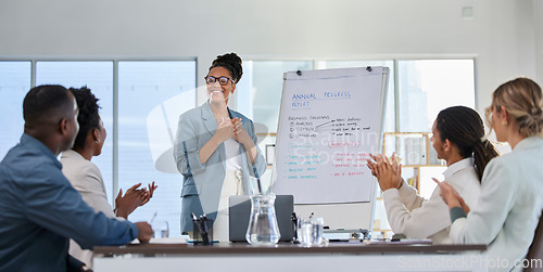 Image of Business presentation, proud black woman and office training with success and clapping from crowd. Management, conference room and sales team working on a speaker coaching on innovation strategy