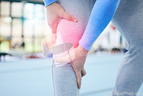 Image of Fitness, gym and man with pain in knee, medical emergency during gymnastics workout at sport studio. Exercise, health and wellness, person with hand on leg muscle cramps ache or injury while training