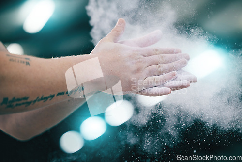 Image of Sports, gymnastics and hands with chalk powder for competition, performance and challenge in gym. Fitness, motivation and zoom of gymnast athlete clap palms to start exercise, workout and training