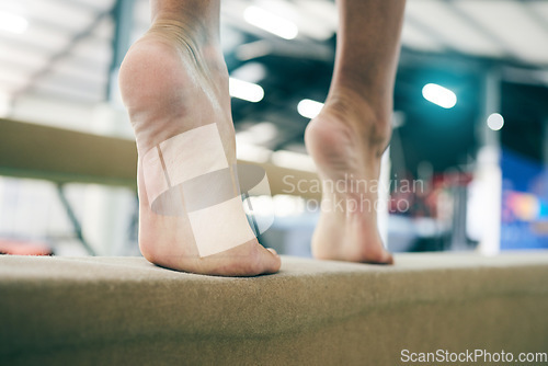 Image of Fitness, gymnastics and feet of person in studio for balance, training and exercise against blurred background. Foot, workout and acrobat on beam for posture, routine and performance with mockup