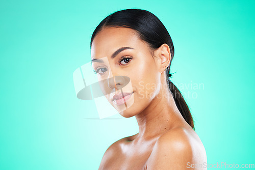 Image of Skincare, beauty and black woman isolated on a green background for cosmetics glow, shine and facial mockup. Portrait of a young model or beautiful person in studio mock up for dermatology wellness