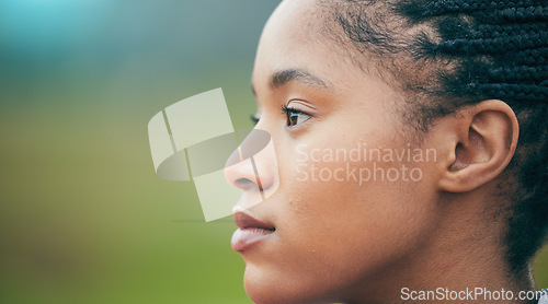 Image of Mockup, focus and face of a woman training for fitness, workout motivation and thinking of a goal. Running, exercise and athlete on a bokeh nature background for sports vision, cardio start and idea