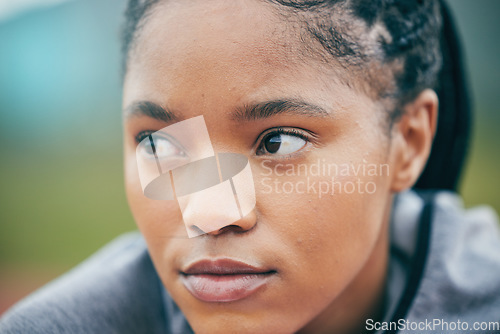 Image of Fitness, black woman and sports coach thinking while at a field for training, routine and goal with mockup background. Face, personal trainer and female with vision for health, match and workout