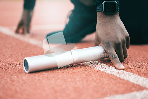 Image of Black man, relay runner hands and marathon of a fitness, workout and sport exercise on asphalt. Stadium, baton hand zoom and start line of a athlete ready for field running on outdoor training ground