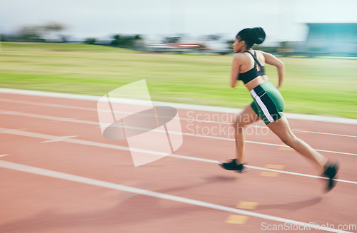 Image of Black woman, running and athletics for sports training, cross fit or exercise on stadium track in the outdoors. African American female runner athlete in fitness, sport or run for practice workout