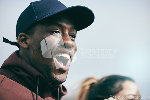 Image of Sports, cheer and excited black man in stadium shouting, cheering and screaming support for team. Motivation, success and face of male enjoying sport game, match and celebration for winning goals