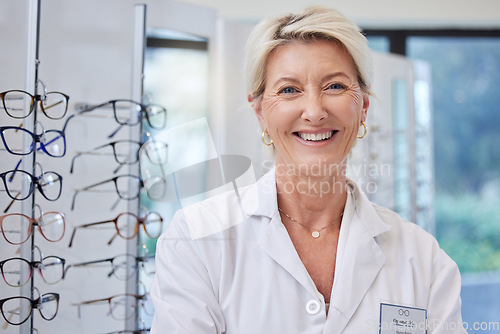 Image of Glasses, optometrist and eye care with portrait of woman for retail, healthcare and consulting. Shopping, ophthalmology and sale with senior optician in frame store for medical, designer and lens