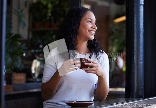 Image of Thinking, woman in cafe and ideas with smile, opportunity and daydreaming with wonder, thoughts and relax. Female, tea and lady in coffee shop, fantasy and wonder for future, happiness and on break