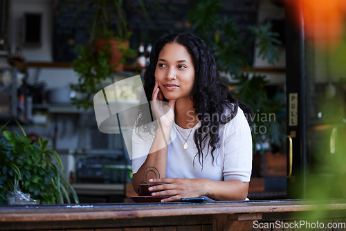 Image of Black woman, thinking and mindset in cafe, relax and daydreaming on break, opportunity and ideas. African American female, lunch or lady in coffee shop, thoughts and tea with wonder, smile or fantasy