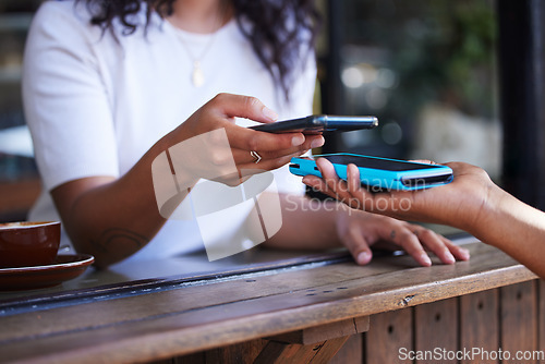 Image of Woman, hands and phone for ecommerce, scan or transaction on wireless card machine at coffee shop. Hand of customer scanning to pay, buy or banking app with smartphone and 5G connection at cafe