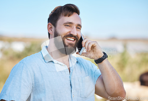 Image of Farmer, phone call and man planning for sustainability farm outdoors happy, smile and excited by discussion. Worker, employee and mobile conversation of strategy and talking agriculture