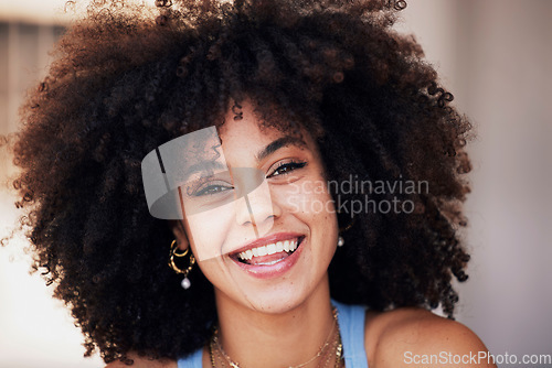 Image of Happy, smile and portrait of a woman with an afro with a positive, good and optimistic mindset. Happiness, beauty and face of a excited beautiful female smiling from Brazil with natural healthy hair.