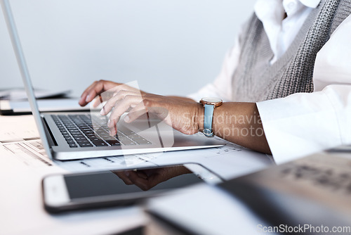 Image of Closeup, hands and woman typing, digital planning and office for new project, deadline and schedule. Business, female employee and manager with laptop, smartphone and connection for online reading