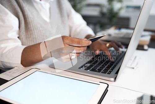 Image of Business woman, hands and credit card for laptop banking, ecommerce and financial accounting in office. Closeup of worker, online finance and computer payment for budget, fintech and digital economy