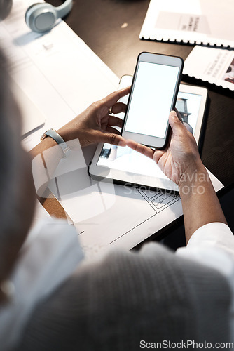 Image of Mockup, holding and woman reading on a phone screen, communication and email at work. Contact, information and above of a business employee with a mobile for an app, internet and online branding