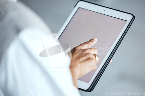 Image of Tablet screen, mockup and person hands for website, internet market research or online management technology. Social media, product placement or digital worker or user mock up. ux design or web 3.0