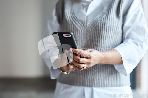 Image of Communication, email and hands of an employee with a phone for social media and work contact. Website, connection and business worker reading on a mobile for an app, internet and chat online