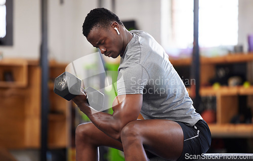 Image of Fitness, dumbbell and black man doing a workout in the gym for intense arm strength training. Sports, motivation and strong African male bodybuilder doing a exercise with weights in a sport center.