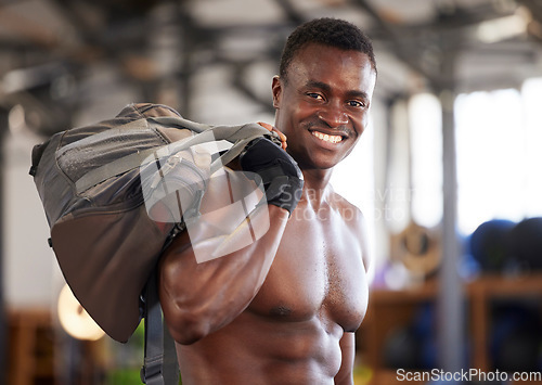 Image of Black man in fitness portrait and bodybuilder with gym bag smile and strong with muscle training mockup. Happy person after workout, cardio and muscular, health and active lifestyle with bodybuilding