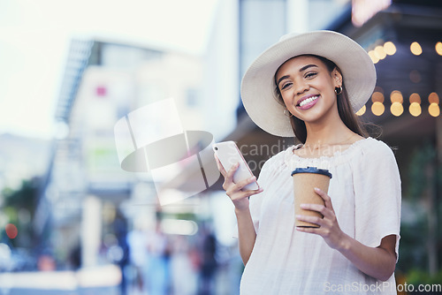 Image of Happy woman, phone and coffee on a city road for communication, travel and 5g network. Fashion person outdoor for urban journey, taxi contact or social media while online with smartphone outdoor