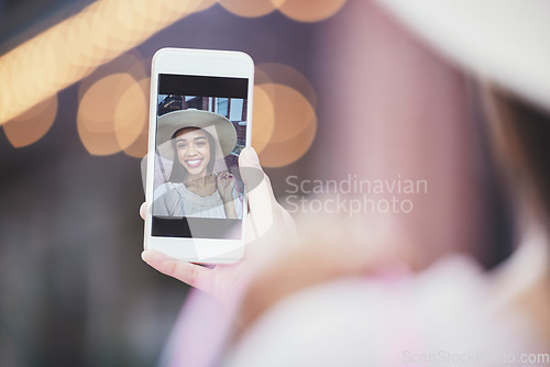 Image of Phone selfie, fashion and woman on screen for social media update, live streaming or online shopping tips in bokeh. Smartphone of influencer, person or gen z user on profile picture or video call app