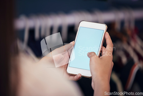 Image of Phone mockup, fashion and woman with online shopping, e commerce or fintech for retail store management or sales. Smartphone screen, clothes boutique and person for customer experience on mobile app