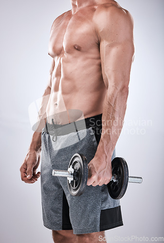 Image of Fitness, health or man with a dumbbell in hand for exercise, training or gym workout for body goals. Sports motivation, hands or healthy bodybuilder weightlifting for strong biceps isolated in studio