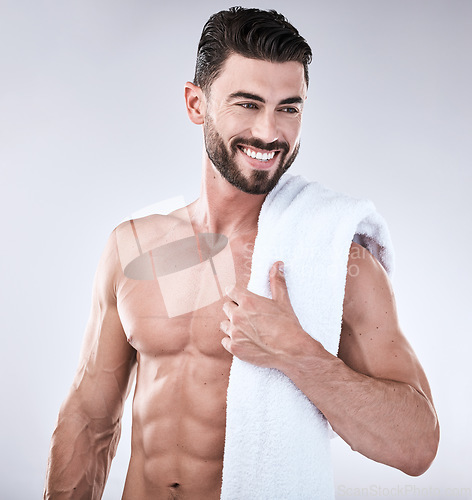 Image of Fitness, towel and beauty man isolated on a white background for exercise, aesthetic and muscle goals. Athlete, sexy bodybuilder or sports person health, wellness and body, abs and workout success