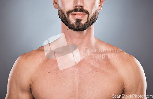 Image of Man, shoulders and skincare with dermatology, cosmetics and guy against dark studio background. Bare, male and gentleman with beauty, beard and morning routine for organic treatment, soft and smooth