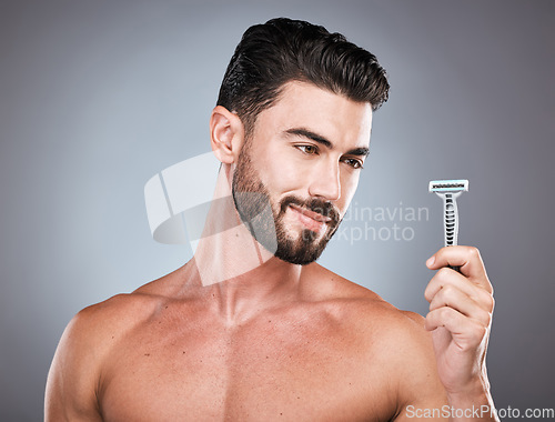 Image of Face, shaving product and man with razor in studio isolated on a gray background. Epilation, haircare and thinking male model with facial tool to shave for wellness, health hygiene and hair removal.