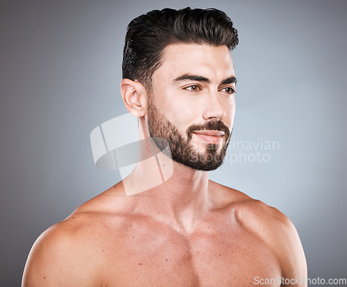 Image of Skincare, health profile picture of man with smile, grooming and hair or beard maintenance. Fitness, health and spa facial care, happy male model with muscle in studio isolated on grey background.