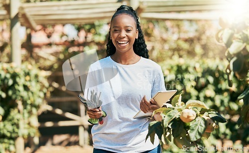 Image of Black woman, tablet and portrait smile for agriculture, eco friendly or sustainability at farm. Happy African American female with touchscreen and garden tools for sustainable countryside farming